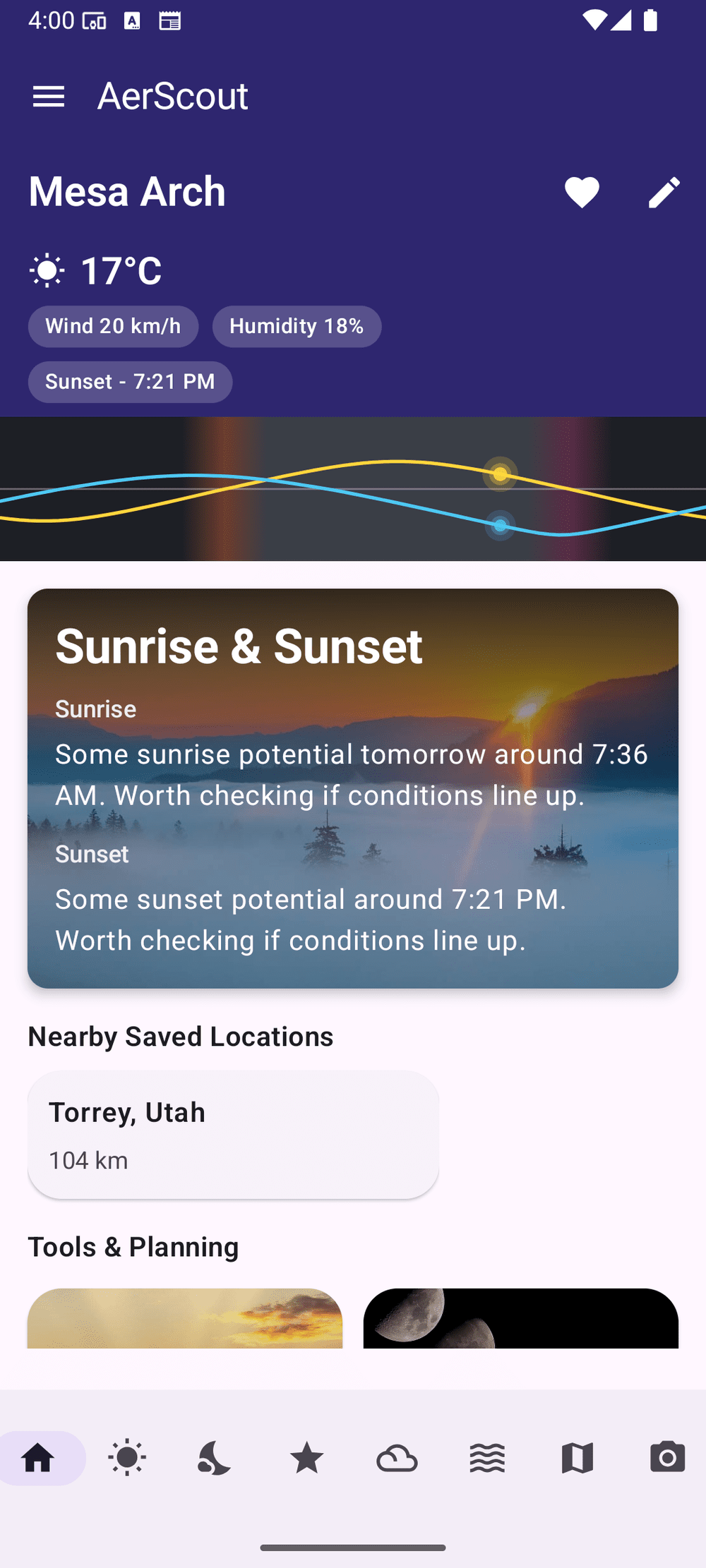 AerScout home screen showing an at-a-glance forecast