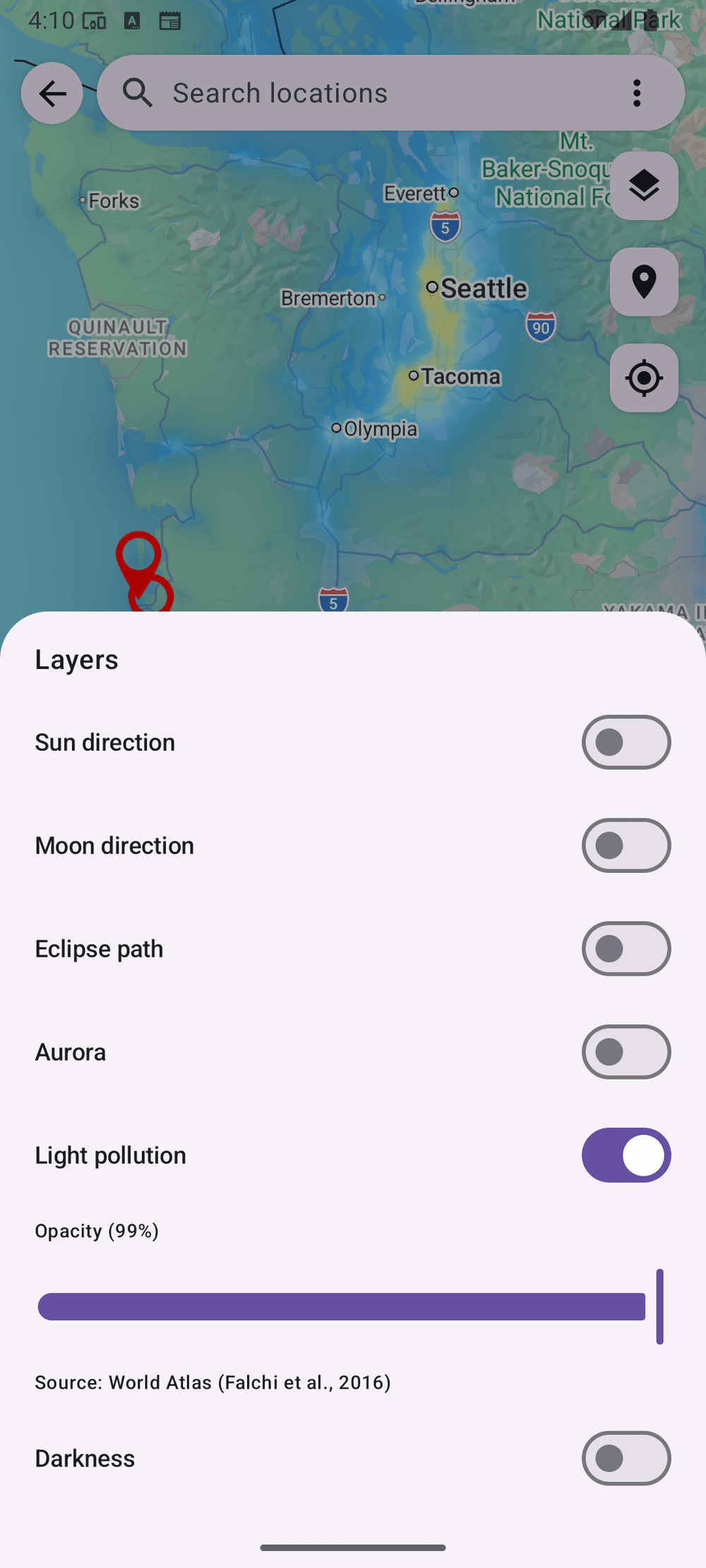 Map with dark sky light pollution overlay
