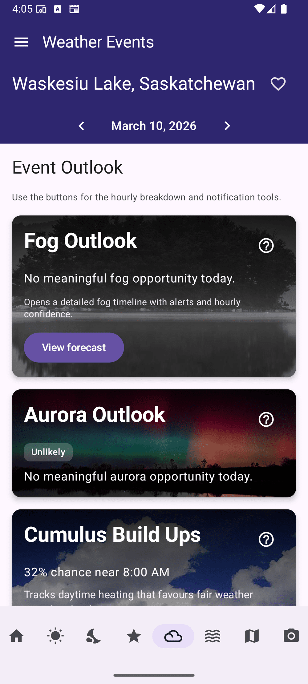 Weather event outlook for fog, aurora, and frost